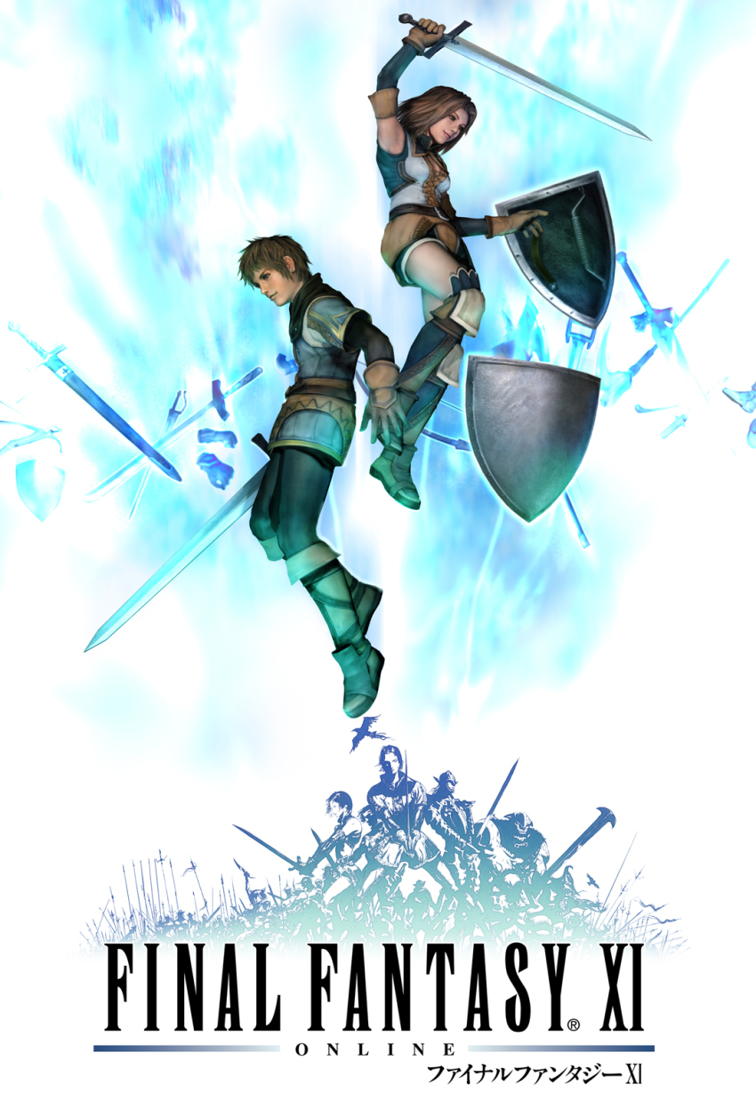 1boy 1girl adventurer_(ff11) axe belt belt_buckle boots bow_(weapon) breasts brown_belt brown_boots brown_gloves brown_hair buckle commentary copyright_name cross-laced_clothes earrings final_fantasy final_fantasy_xi gloves highres holding holding_sword holding_weapon hume jewelry knee_boots medium_breasts naora_yusuke official_art second-party_source shield short_hair smile sword weapon