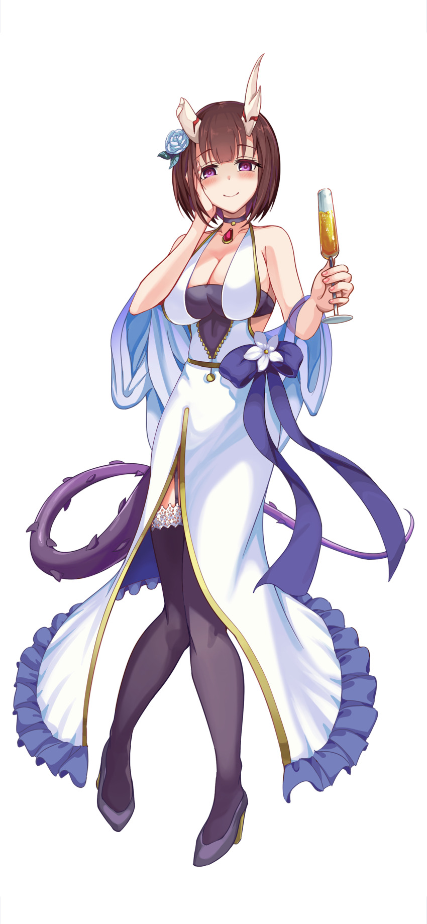 1girl absurdres alternate_costume black_thighhighs breasts broken_horn brown_hair cleavage collar cup demon_horns demon_tail dress eriko_(princess_connect!) flower full_body garter_straps gem grey_collar halter_dress halterneck hand_on_own_face high_heels highres holding holding_cup horns jewelry knees_together_feet_apart large_breasts mononoke_(pixiv53597254) princess_connect! purple_tail red_gemstone short_hair simple_background smile solo spiked_tail standing tail thighhighs white_background white_dress white_flower