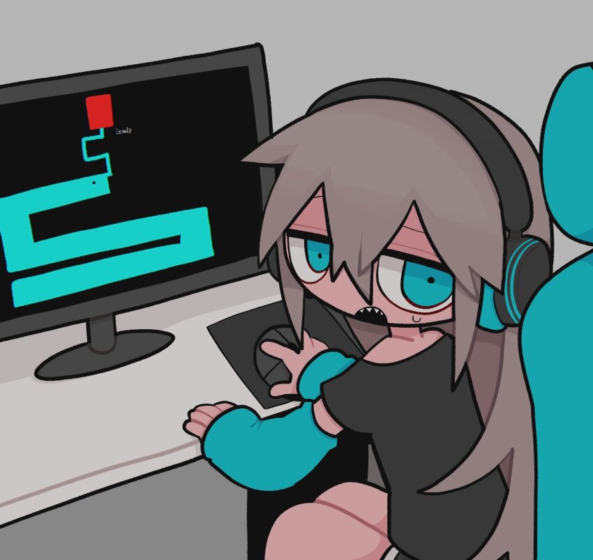 1girl aqua_eyes aqua_sleeves black_shirt black_shorts computer_mouse detached_sleeves from_behind grey_background hair_between_eyes headphones highres holding_computer_mouse ichika-chan_(iiiichimaru_03) iiiichimaru_03 jitome long_hair monitor open_mouth original scary_maze_game sharp_teeth shirt shorts sidelocks small_sweatdrop solo teeth