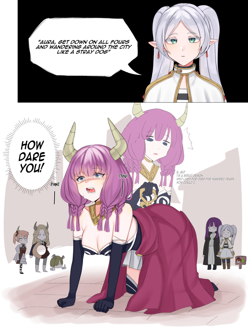 2boys 4girls @_@ absurdres all_fours aura_(sousou_no_frieren) aura_bullying_(meme) bare_shoulders black_corset blue_eyes boots braid breasts capelet cleavage collarbone corset defeat demon_boy demon_girl demon_horns draht_(sousou_no_frieren) dres dress earrings elbow_gloves english_text fern_(sousou_no_frieren) frieren gloves gold_necklace green_eyes highres horns humiliation jewelry large_breasts linie_(sousou_no_frieren) long_hair lugner_(sousou_no_frieren) medium_breasts mind_control multiple_boys multiple_braids multiple_girls necklace open_mouth purple_hair ringed_eyes severed_head sindellnwza skirt sousou_no_frieren speech_bubble striped thigh_boots thumbs_up twin_braids twintails waist_cape white_capelet white_dress white_hair white_skirt