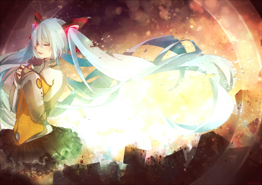 1girl aka_tonbo_(lililil) aqua_hair closed_eyes female_focus fingerless_gloves floating_hair gloves hatsune_miku hatsune_miku_(heartbeat) long_hair nail_polish odds_&amp;_ends_(vocaloid) skirt solo twintails very_long_hair vocaloid