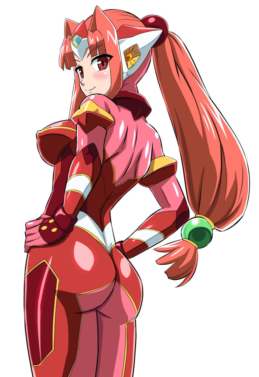 1girl ass asu_(hengaya) back blush bodysuit breasts closed_mouth covered_erect_nipples cowboy_shot from_behind gem hands_on_own_hips headgear highres large_breasts long_hair looking_at_viewer low-tied_long_hair ootori_vivienne parted_bangs ponytail red_bodysuit red_eyes red_hair sidelocks smile solo standing ultimate_girl