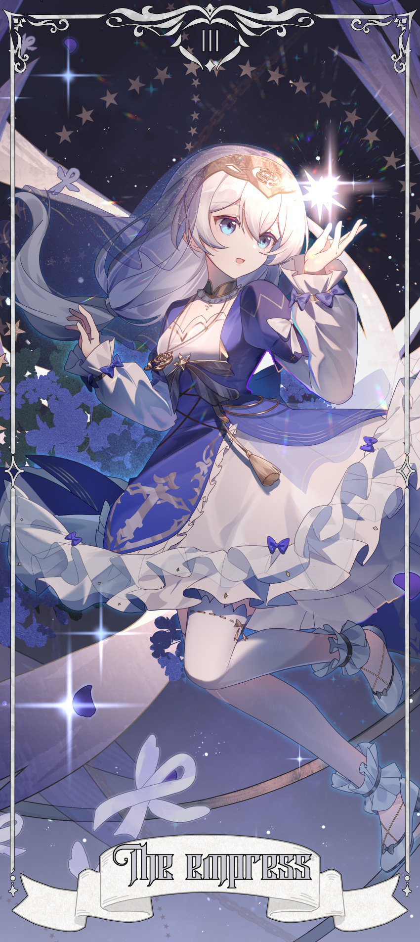 1girl absurdres benghuai_xueyuan birthday blue_dress catmelon_(user_melon010203) chinese_commentary commentary_request cross dress english_text frilled_anklet frilled_dress frills highres honkai_(series) jewelry long_hair long_sleeves low-tied_long_hair necklace shoes solo star_(symbol) tarot tassel the_empress_(tarot) theresa_apocalypse watermark white_hair white_shoes
