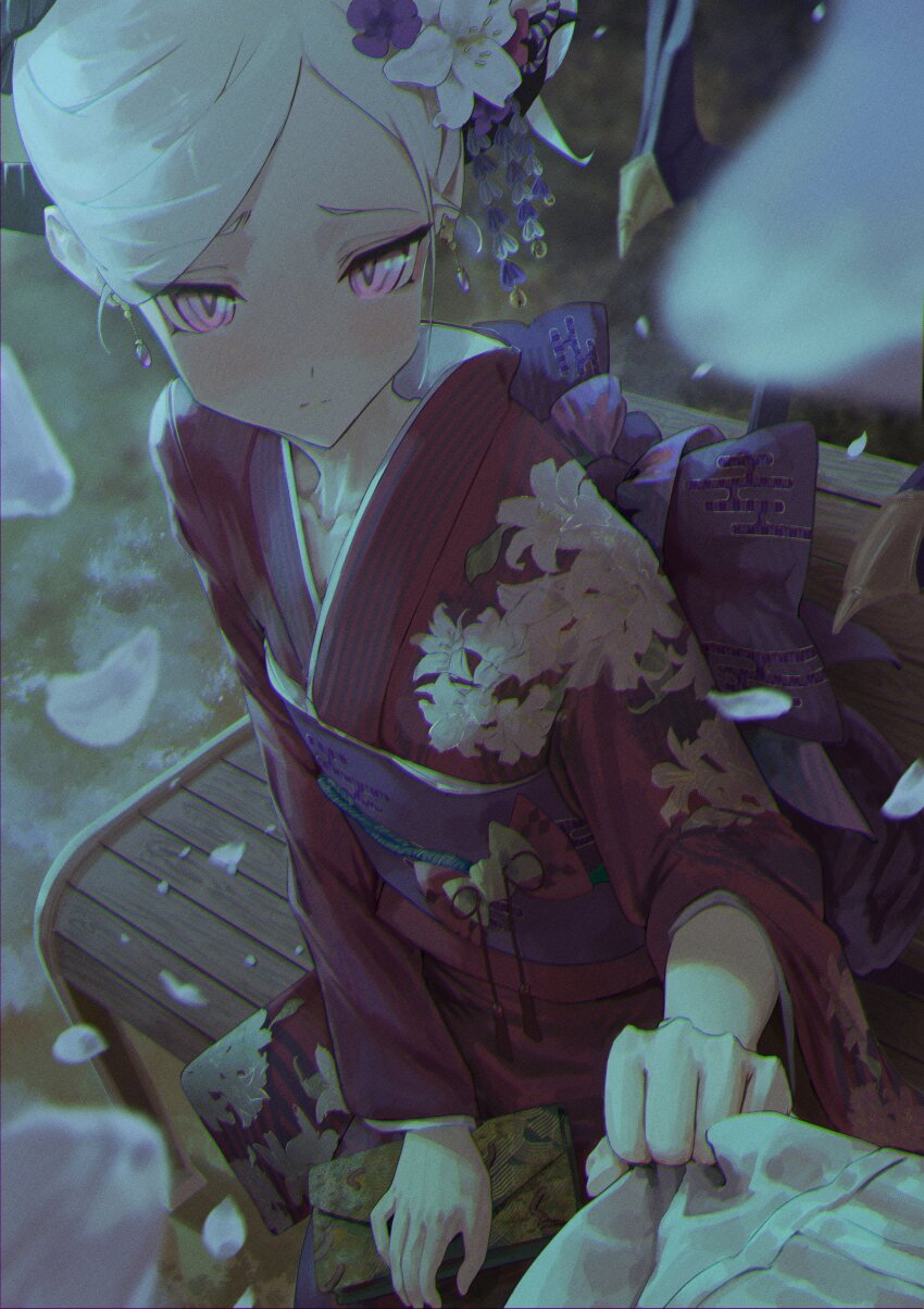 1girl absurdres blue_archive breasts demon_girl demon_horns demon_wings flower hair_flower hair_ornament highres hina_(blue_archive) horns japanese_clothes kimono looking_at_viewer outdoors phoebe_(user_vvpf4584) purple_eyes sitting small_breasts white_hair wings