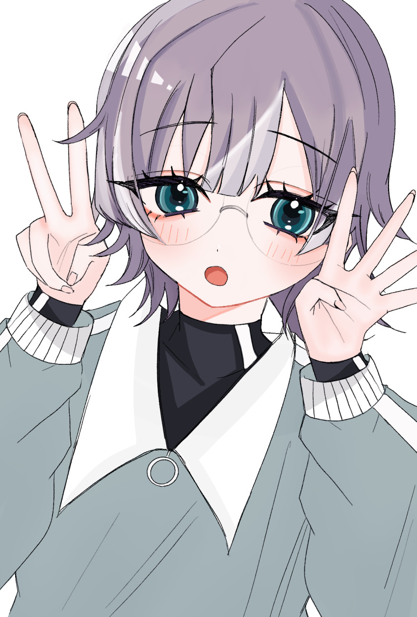 1girl blunt_bangs blush close-up collared_shirt glasses green_eyes grey_hair hifumi_suu highres kimi_no_koto_ga_dai_dai_dai_dai_daisuki_na_100-nin_no_kanojo long_eyelashes long_sleeves looking_at_viewer oi_(pixiv_78639396) open_mouth shirt short_hair simple_background solo sweater thick_eyelashes v