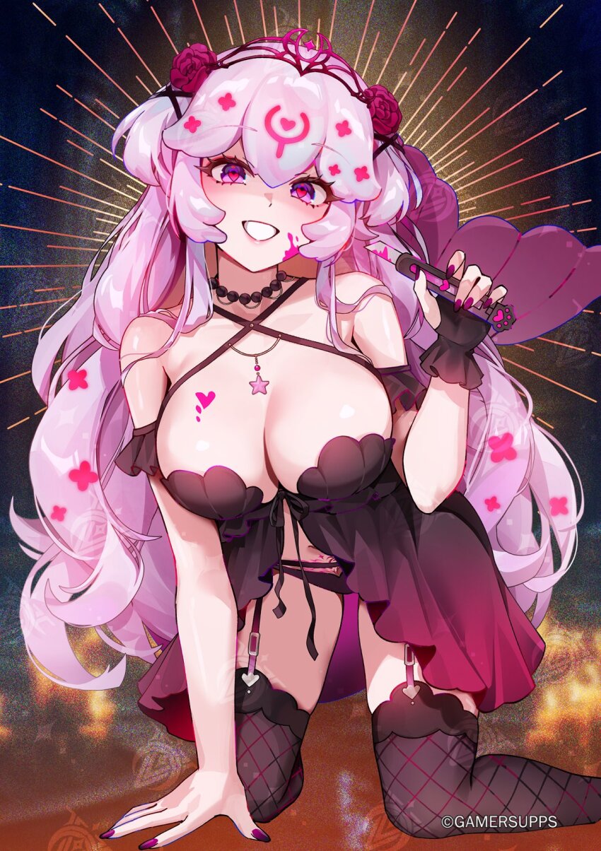 1girl arm_support armpits bao_(vtuber) bare_shoulders black_panties black_thighhighs boxcutter breasts cetacean_tail cleavage company_name copyright_notice criss-cross_halter dark_persona double-parted_bangs evil_smile eyelashes fingernails fins fish_tail fishnet_thighhighs fishnets flower foxyreine frilled_armlet gamer_supps garter_belt garter_straps hair_flower hair_ornament halterneck highres holding holding_boxcutter indie_virtual_youtuber kneeling large_breasts lingerie long_hair looking_at_viewer official_art panties pink_hair purple_eyes purple_nails shell shell_bikini smile solo tail teeth thighhighs tiara tongue tongue_out underwear virtual_youtuber watermark watermark_grid whale_girl