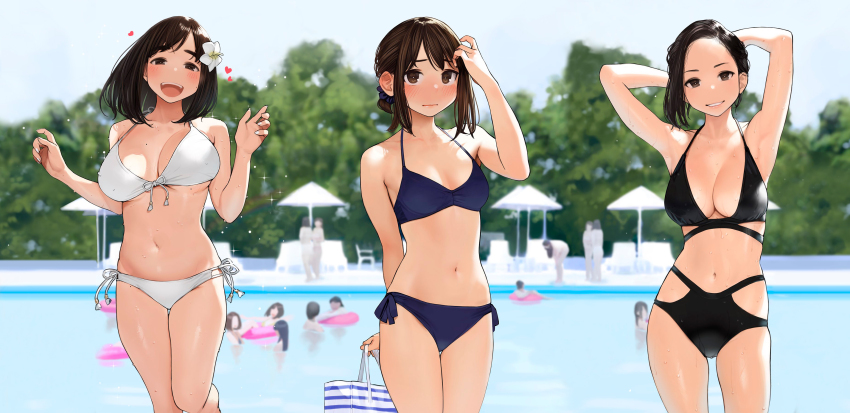 6+girls :d absurdres aikawa_ren armpits bikini black_bikini blue_eyes blurry breast_envy breasts brown_eyes brown_hair cleavage depth_of_field douki-chan_(douki-chan) flower front-tie_bikini_top front-tie_top ganbare_douki-chan hair_flower hair_ornament halterneck highres innertube kouhai-chan_(douki-chan) large_breasts legs looking_at_viewer medium_hair midriff miru_tights moegi_homi mole mole_on_breast mole_on_cheek multiple_girls nakabeni_yua navel open_mouth outdoors pool senpai-san_(douki-chan) side-tie_bikini_bottom smile standing swim_ring swimsuit teeth thighs tree wet wet_clothes wet_swimsuit white_bikini yomu_(sgt_epper)