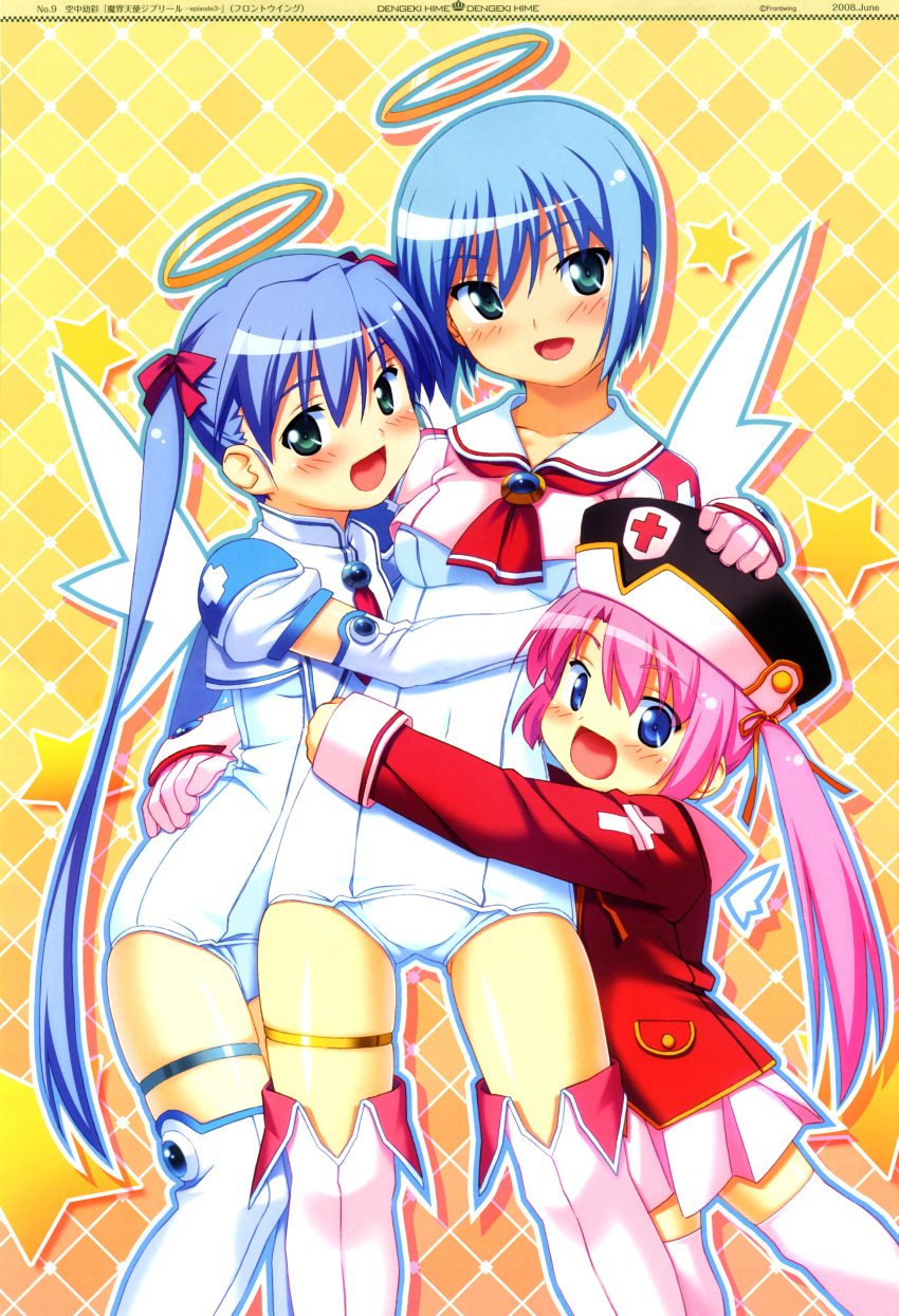 3girls :d absurdres age_difference angel aqua_eyes blue_eyes blue_hair blush bob_cut boots bow checkered_background crop_top cross dengeki_hime detached_wings djibril_(makai_tenshi_djibril) djibril_aries elbow_gloves flat_chest gem gloves glowing green_eyes hair_bow hair_ribbon halo hand_on_head hat highres hug jinno_hikari kuuchuu_yousai long_hair looking_at_viewer looking_back luvriel magical_girl makai_tenshi_djibril makai_tenshi_djibril_3 manabe_rika mini_wings multiple_girls necktie official_art one-piece_swimsuit open_mouth pink_boots pink_hair pink_legwear pleated_skirt ribbon sailor_collar scan school_swimsuit shadow short_hair skirt smile standing star_(symbol) swimsuit swimsuit_costume swimsuit_under_clothes thigh_boots thigh_gap thigh_strap thighhighs thighs turtleneck twintails very_long_hair white_gloves white_legwear white_one-piece_swimsuit white_school_swimsuit wings zettai_ryouiki