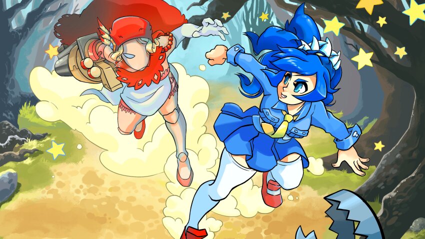 2girls absurdres b.b._hood b.b._hood_(cosplay) black_dahlia blue_eyes blue_hair breasts cosplay doily dress elbow_gloves extra_mouth filia_(skullgirls) fur_hat gloves grenade_launcher hat hat_feather high_heels highres large_breasts living_hair long_hair mechanical_arms multiple_girls navel necktie prehensile_hair robynahaley running school_uniform shirt single_mechanical_arm skirt skullgirls smile sonic_the_hedgehog sonic_the_hedgehog_(cosplay) teeth thighhighs thighs v-bangs veil weapon white_thighhighs