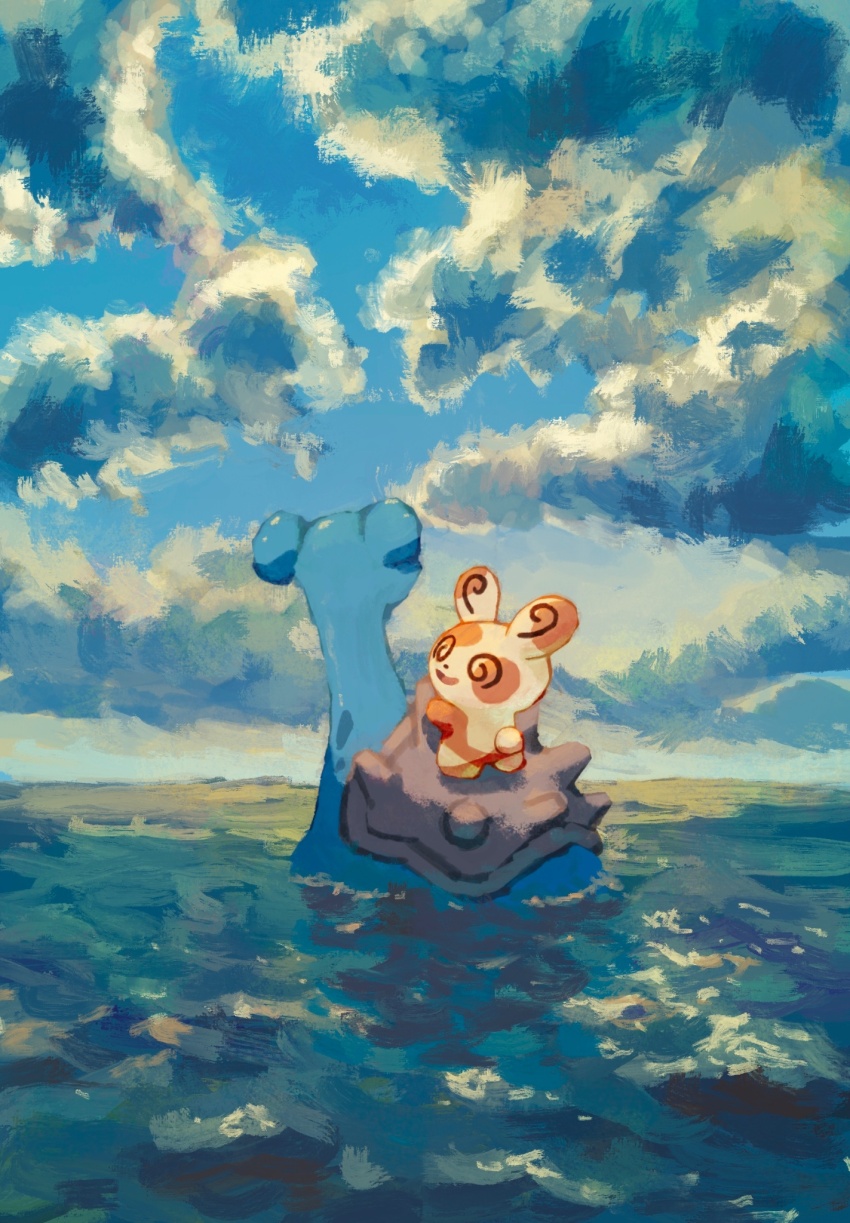 @_@ aruco_co blue_sky cloud from_behind gen_1_pokemon gen_3_pokemon highres horizon lapras looking_to_the_side nintendo no_humans ocean open_mouth outdoors pokemon pokemon_(creature) riding riding_pokemon shell sky smile spinda spiral-only_eyes standing swimming turning_head water