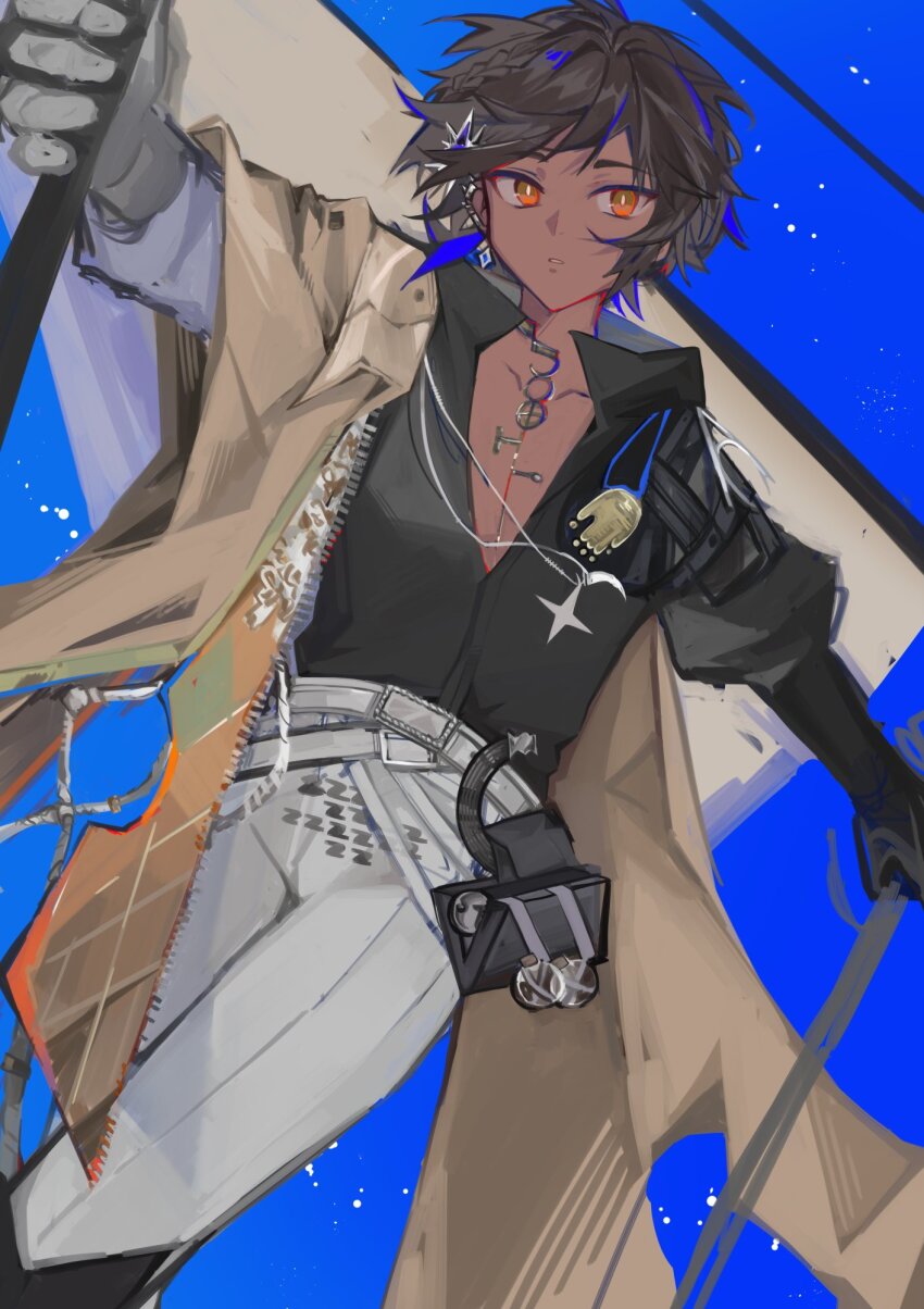 1boy arknights black_gloves black_shirt blue_background bright_pupils brown_hair brown_jacket collared_shirt commentary dark-skinned_male dark_skin feet_out_of_frame gloves highres holding holding_sword holding_weapon jacket jewelry kitoodles looking_at_viewer male_focus necklace open_clothes open_shirt orange_eyes outstretched_arms parted_lips pouch sail shirt simple_background sketch solo spread_arms sword symbol-only_commentary thorns_(arknights) thorns_the_lodestar_(arknights) weapon white_pupils