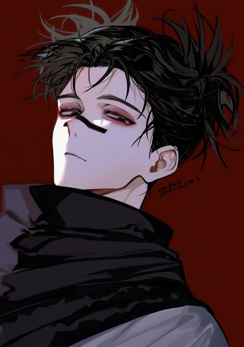1boy absurdres albino_(a1b1n0623) bags_under_eyes black_hair choso_(jujutsu_kaisen) closed_mouth expressionless facial_tattoo highres japanese_clothes jujutsu_kaisen looking_at_viewer male_focus red_background robe short_hair solo tattoo twintails white_robe