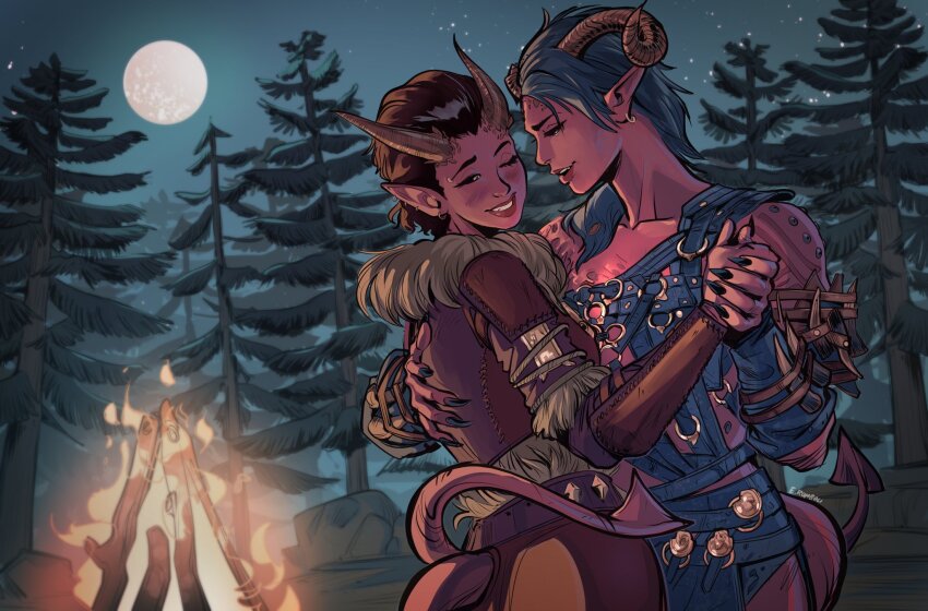 2girls afterlaughs arm_behind_back armor artist_name baldur&#039;s_gate baldur&#039;s_gate_3 black_hair black_nails blush bonfire brown_hair closed_eyes colored_skin commentary commission cuirass dancing demon_girl demon_horns demon_tail dungeons_&amp;_dragons earrings english_commentary fingernails fir_tree forest full_moon fur-trimmed_armor fur_trim highres holding_hands horns jewelry karlach leather_armor long_fingernails looking_at_another medium_hair moon multiple_earrings multiple_girls nature night night_sky outdoors parted_lips pointy_ears profile red_skin rock short_hair sky smile star_(sky) starry_sky tail tail_around_waist tav_(baldur&#039;s_gate) tree vambraces yuri