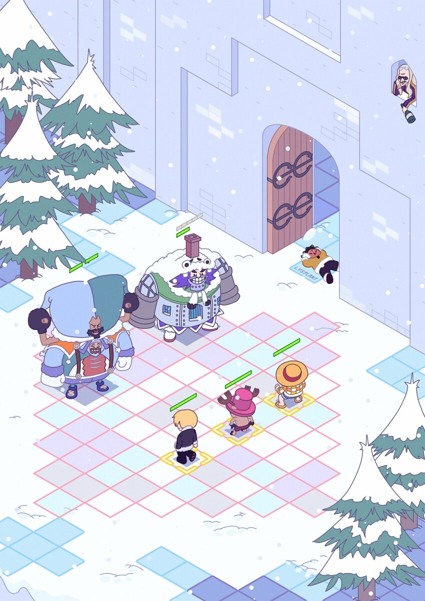 1girl 5boys bottle cape chess_(one_piece) chibi coat commentary dr._kureha fir_tree gloves hat highres holding holding_bottle kuromarimo long_hair lv5plant monkey_d._luffy multiple_boys one_piece outdoors pink_hat purple_hair sanji_(one_piece) smile snow straw_hat sunglasses tony_tony_chopper tree wapol