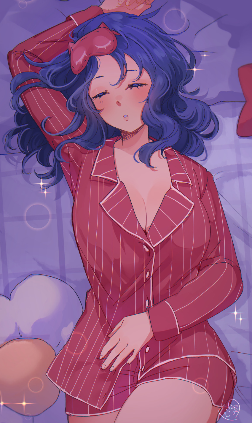 1girl absurdres arm_up blue_hair blush breasts buttons cleavage closed_eyes commentary highres kokomi_(aniesuakkaman) large_breasts long_hair long_sleeves lying mask mask_on_head miside mita_(miside) on_back pajamas red_pajamas red_shirt red_shorts shirt short_shorts shorts sleep_mask sleeping sleepwear sleepy_mita_(miside) solo sparkle sparkling_aura striped_clothes striped_pajamas striped_shirt striped_shorts stuffed_flower vertical-striped_clothes vertical-striped_pajamas vertical-striped_shirt vertical-striped_shorts