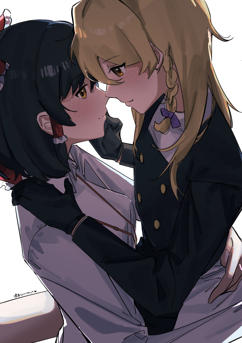 1boy 1girl absurdres black_coat black_gloves black_hair blonde_hair bow braid breasts brown_eyes buttons closed_mouth coat collared_shirt commentary_request cookie_(touhou) crossdressing frilled_bow frilled_hair_tubes frills genderswap genderswap_(ftm) gloves hair_bow hair_tubes hakurei_reimu hetero highres kirisame_marisa long_hair looking_at_another medium_breasts noukou_tonkotsu_korokke purple_bow red_bow rei_(cookie) sananana_(cookie) shirt side_braid single_braid smile touhou trap upper_body white_shirt yellow_eyes yuri