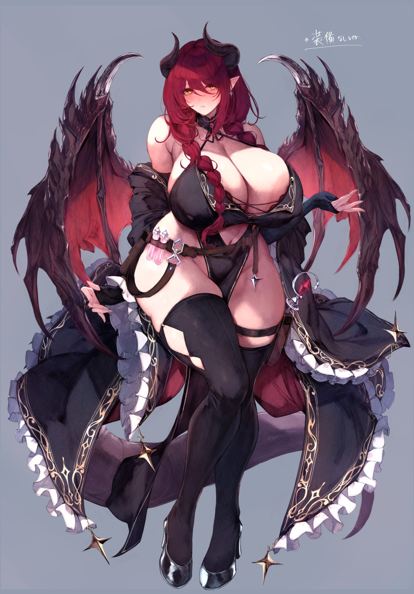 1girl absurdres alna_(mu5fal) areola_slip belt belt_pouch black_dress black_thighhighs borrowed_character braid breasts cleavage clothing_cutout commentary_request commission curvy dragon_girl dragon_wings dress fire full_body grey_background highres horns huge_breasts large_areolae looking_at_viewer low_twin_braids original parted_lips pelvic_curtain pouch pyrokinesis red_hair revealing_clothes sideless_dress simple_background skeb_commission solo stomach_cutout thick_thighs thighhighs thighs translation_request twin_braids variant_set vial wide_hips wings yellow_eyes