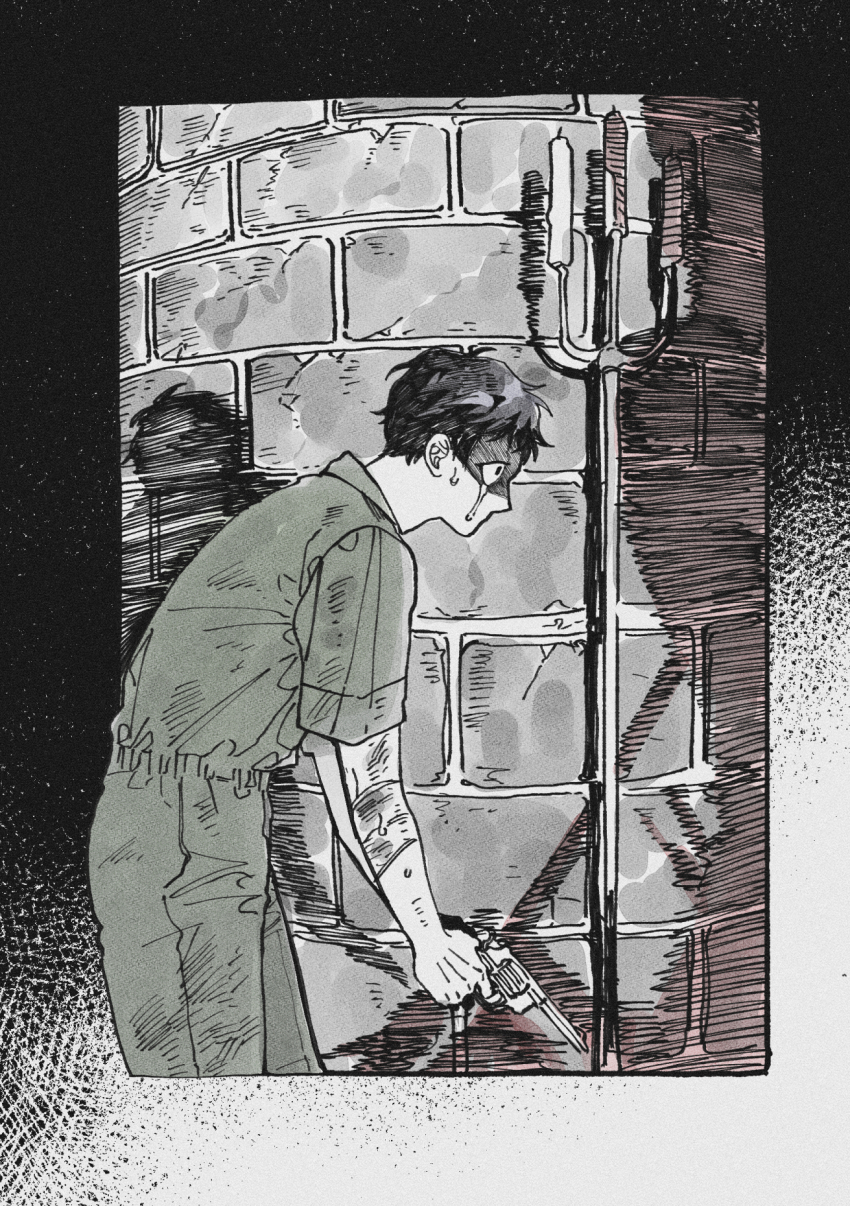 1boy bandaged_arm bandages black_hair candelabra candlestand fear_&amp;_hunger_(series) fear_&amp;_hunger_2:_termina green_jumpsuit gun handgun hashtag-only_commentary highres holding holding_gun holding_weapon jumpsuit leaning_forward levi_(fear_&amp;_hunger) male_focus nul outside_border short_hair short_sleeves solo sweat tears weapon