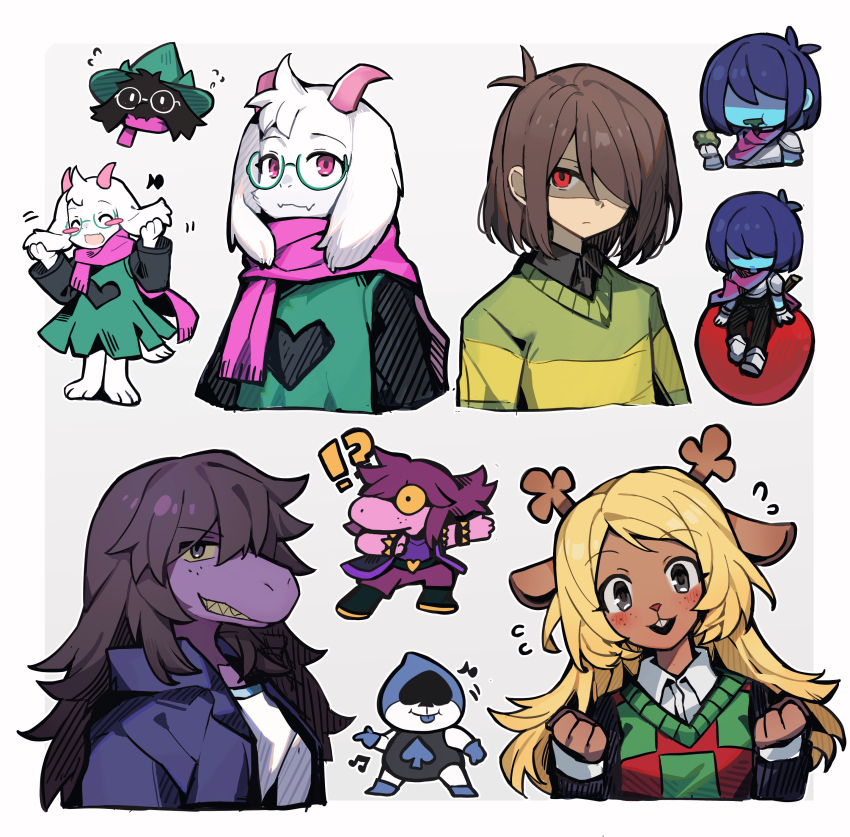 1other 2boys 2girls absurdres chibi colored_skin deer_girl deltarune freckles goat_boy goat_horns hair_over_eyes hair_over_one_eye highres horns kris_(dark_world)_(deltarune) kris_(deltarune) lancer_(deltarune) moss multiple_boys multiple_girls noelle_holiday purple_skin ralsei red_eyes shio_0585 smile susie_(dark_world)_(deltarune) susie_(deltarune) upper_body
