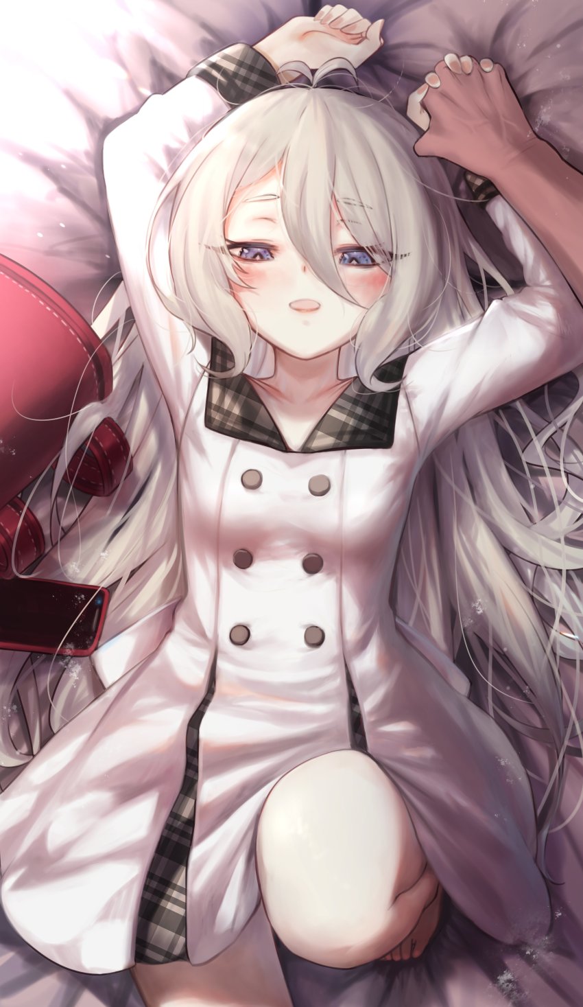 1girl absurdres antenna_hair arms_up bag bed_sheet blue_eyes blush breasts cellphone commentary_request dress eyes_visible_through_hair hair_between_eyes highres holding_hands knee_up kokkoro_(princess_connect!) kokkoro_(real)_(princess_connect!) long_hair long_sleeves lying on_back open_mouth phone pov princess_connect! short_eyebrows silver_hair small_breasts smartphone torriet white_dress