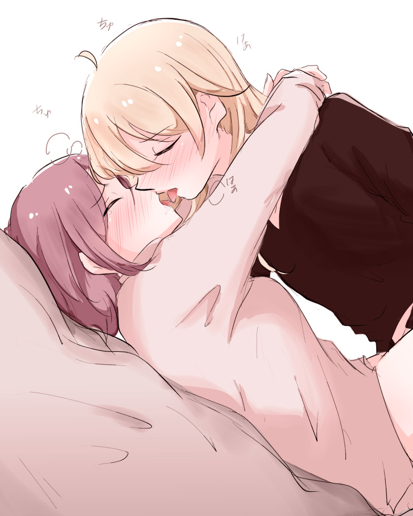 2girls ahoge arms_around_neck blonde_hair blush closed_eyes commentary_request french_kiss highres kiss multiple_girls new_game! purple_hair tongue tongue_out tooyama_rin white_background yagami_kou yuri yuuki_(yunky373)