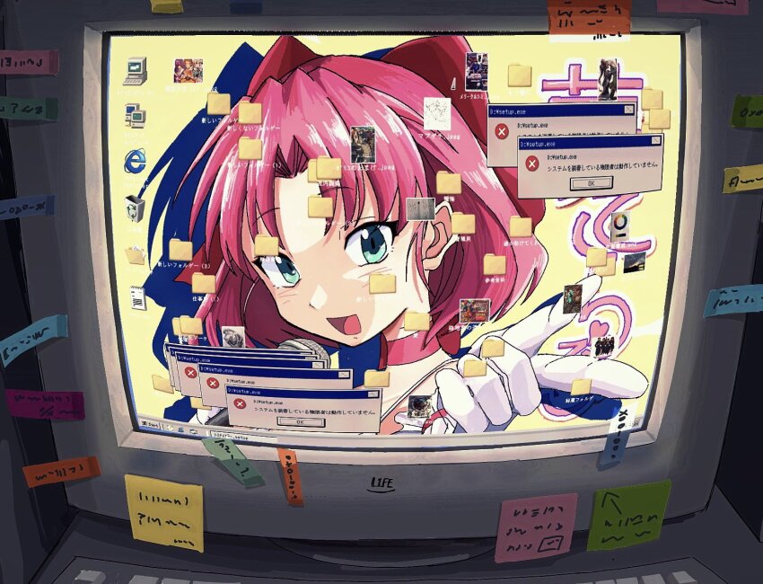 1girl amamoto_air aqua_eyes bow choker collarbone computer_keyboard crt error_message frills gloves hair_bow highres holding holding_microphone icon_(computing) idol internet_explorer looking_at_viewer microphone microsoft_windows monitor open_mouth original pink_choker pointing pointing_at_viewer red_bow solo sticker white_gloves window_(computing) windows_2000 windows_classic
