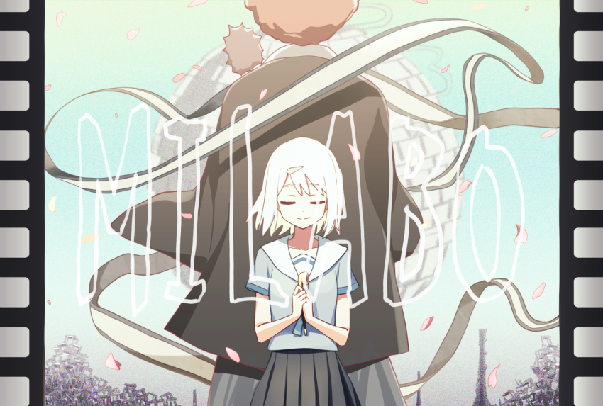 1boy 1girl afro afro_samurai_(zutomayo) animal animal_on_shoulder aqua_necktie aqua_trim black_haori black_skirt blonde_hair closed_eyes colored_inner_hair deadnooodles disco_ball falling_petals from_behind grey_shirt hair_ornament hairclip hairpin haori hedgehog height_difference holding holding_smoking_pipe japanese_clothes milabo_(zutomayo) multicolored_hair necktie nira-chan nira-chan_(milabo)_(zutomayo) orange_hair petals pleated_skirt sailor_collar school_uniform serafuku shirt skirt sky smile smoking_pipe song_name uniguri_(zutomayo) white_hair white_sailor_collar zutto_mayonaka_de_ii_no_ni
