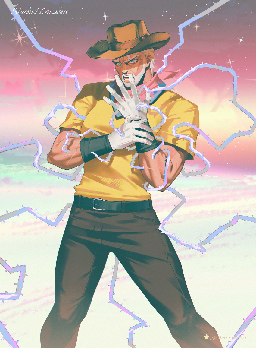 1boy absurdres beard blue_eyes commentary copyright_name facial_hair gloves hat hermit_purple highres jojo_no_kimyou_na_bouken joseph_joestar plant shirt solo stand_(jojo) star_(symbol) stardust_crusaders thorns veela vines white_shirt