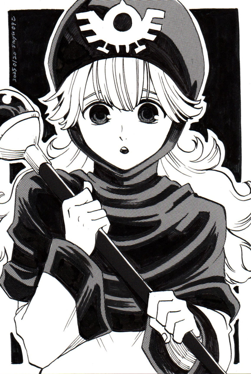 1girl border commentary_request curly_hair dragon_quest dragon_quest_ii greyscale highres holding holding_staff hood long_hair looking_at_viewer mage_staff monochrome open_mouth princess_of_moonbrook robe roto&#039;s_emblem sayu_(user_tefx3855) screentones solo staff upper_body white_border