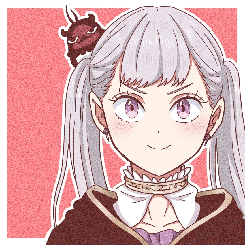 1girl absurdres bird black_capelet black_clover capelet closed_mouth earrings grey_hair highres jewelry karaage_8686 light_blush long_hair looking_at_viewer nero_(black_clover) noelle_silva purple_eyes smile twintails