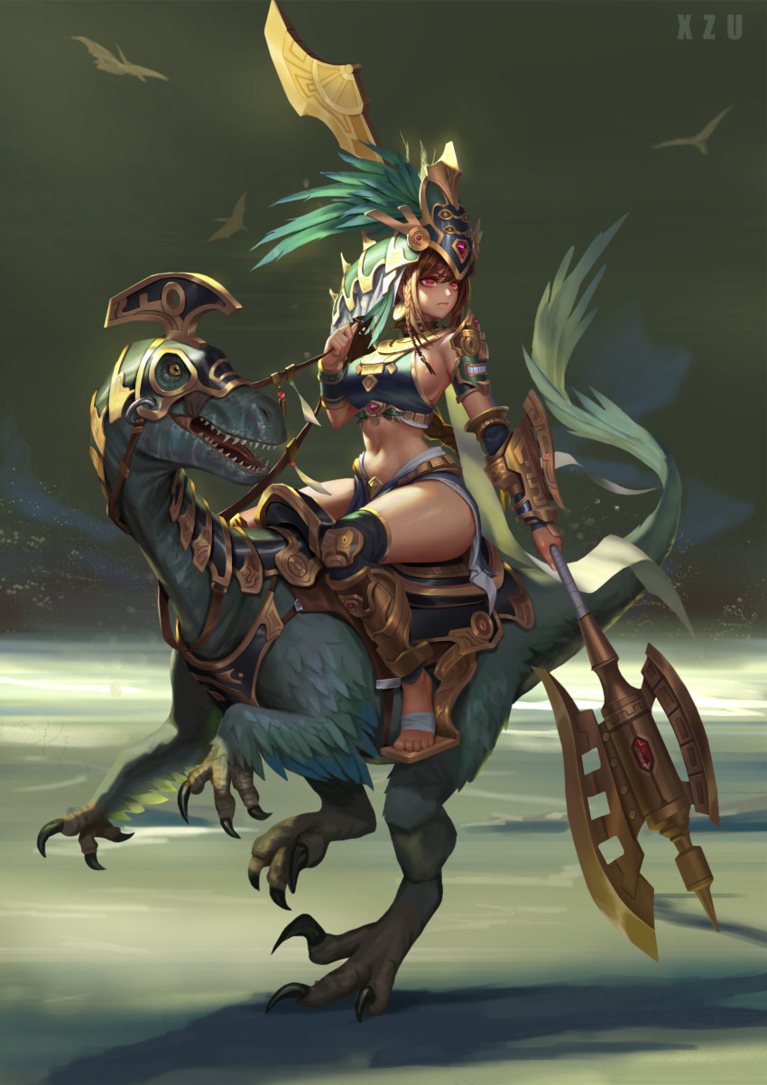 1girl absurdres armor artist_request axe bandages barefoot battle_axe bikini_armor bracelet breasts brown_hair dark_skin dinosaur feathers gauntlets greaves headdress highres historical_revisionism jewelry large_breasts mayan_mythology navel original prehistoric_animal pterosaur raptor red_eyes riding riding_dinosaur saddle serious talons traditional_clothes tribal velociraptor weapon xzu
