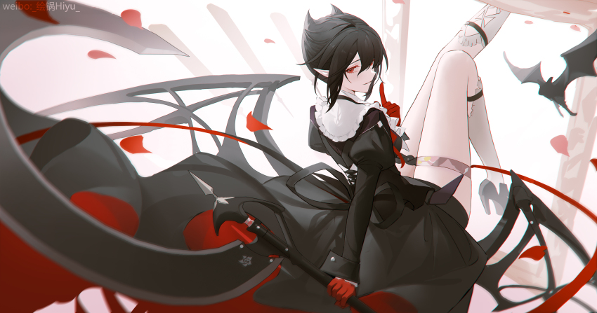1girl absurdres animal arknights bat_(animal) black_dress black_hair chinese_commentary commentary_request dress entelechia_(arknights) gloves grey_socks hair_horns highres holding holding_scythe holding_weapon huge_weapon index_finger_raised juliet_sleeves kneehighs legs_up long_sleeves looking_at_viewer pingdiguo puffy_sleeves red_eyes red_gloves scythe short_hair smile socks solo thigh_strap turning_head watermark weapon