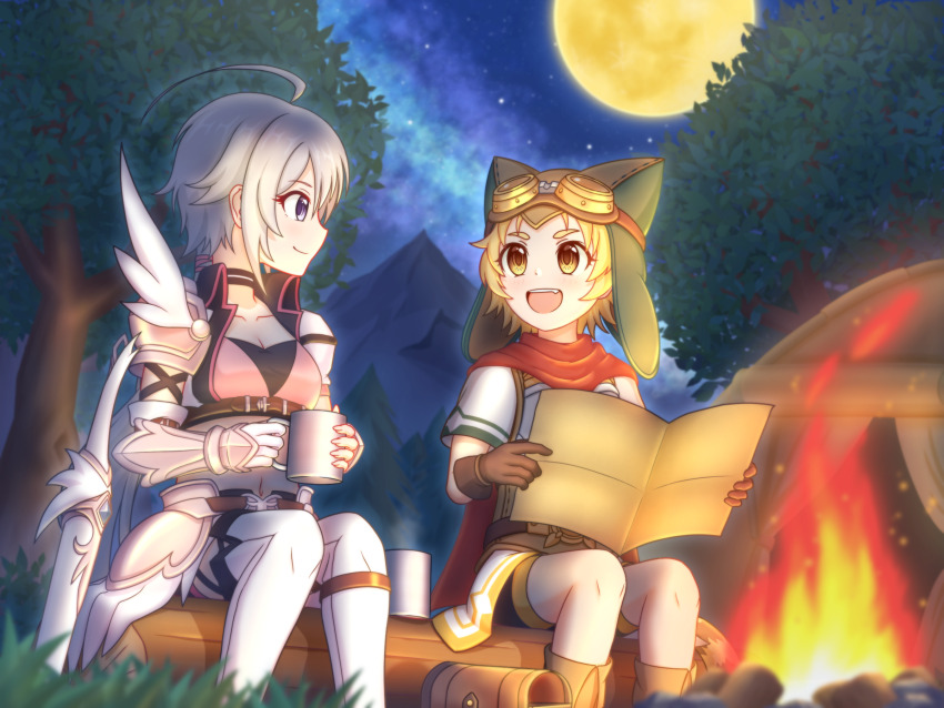 2girls armor asymmetrical_armor belt black_collar blonde_hair boots breastplate breasts brown_belt brown_footwear brown_gloves campfire cape cleavage closed_mouth collar crop_top cup gauntlets gloves goggles goggles_on_headwear grass green-x hair_tie hat hat_with_ears highres hip_armor holding holding_cup holding_map jacket log long_hair looking_at_another low_ponytail map matsuri_(princess_connect!) medium_breasts moon mug multicolored_clothes multiple_girls night night_sky open_clothes open_jacket open_mouth outdoors pantyhose pauldrons ponytail princess_connect! purple_eyes red_cape short_hair short_sleeves shoulder_armor single_pauldron sitting sitting_on_log sky tail talking teeth tent thigh_boots tomo_(princess_connect!) tree upper_teeth_only very_long_hair white_footwear white_hair white_pantyhose wing_ornament yellow_eyes