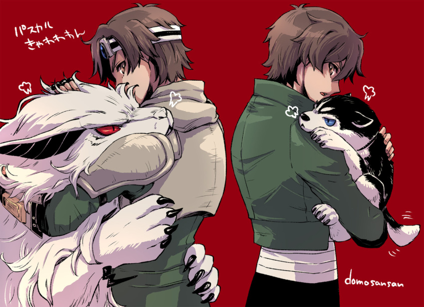 1boy animal armor back-to-back black_gloves black_pants blue_eyes breastplate brown_eyes brown_hair cerberus_(megami_tensei) comp_(megami_tensei) demon_(megami_tensei) facing_to_the_side gloves green_jacket green_shirt holding holding_animal jacket kazuya_(megami_tensei) looking_to_the_side male_focus official_alternate_costume open_clothes open_jacket pants partially_fingerless_gloves red-eye_effect shin_megami_tensei shin_megami_tensei_i shinabita_nasubi shirt shoulder_pads signature white_armor white_shirt
