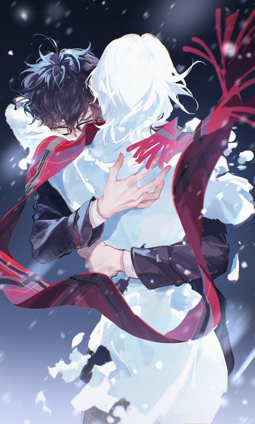 1boy absurdres amamiya_ren black_hair black_jacket character_snowman closed_eyes covered_mouth doran_(doran7280) glasses highres hug jacket male_focus persona persona_5 red_scarf scarf short_hair snow solo