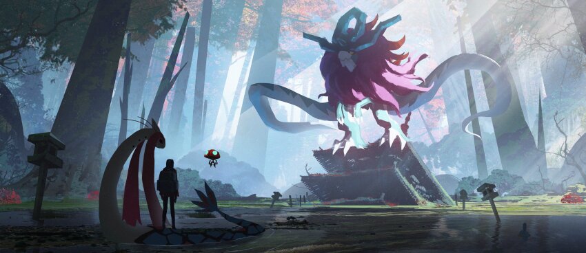 1boy absurdres asteroid_ill backpack bag beedrill claws closed_mouth gen_1_pokemon gen_3_pokemon gen_8_pokemon highres jungle milotic mudkip nature nintendo orbeetle pokemon pokemon_(creature) rainforest red_eyes standing tree walking_wake