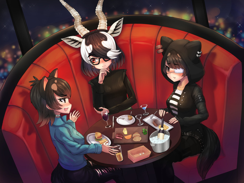 3girls absurdres alcohol alternate_costume animal_ears australian_devil_(kemono_friends) batten_japari_dan black-framed_eyewear black_gloves black_hair black_jacket black_sweater blackbuck_(kemono_friends) blush breasts brown_eyes choker collarbone cup drinking_glass earrings fang fingerless_gloves glasses gloves gradient_hair hair_over_one_eye highres hood hood_up horns jacket jewelry kemono_friends kemono_friends_3 large_breasts looking_at_another medium_breasts multicolored_hair multiple_girls neukkom open_mouth rectangular_eyewear ribbed_sweater semi-rimless_eyewear short_hair sitting smile sweater table tail tasmanian_devil_(kemono_friends) under-rim_eyewear white_hair wine wine_glass