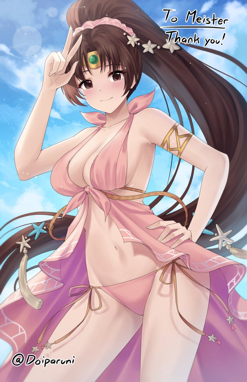 1girl bikini blue_sky breasts brown_hair cowboy_shot doiparuni fire_emblem fire_emblem:_mystery_of_the_emblem fire_emblem:_shadow_dragon fire_emblem_heroes hand_on_own_hip hand_up highres linde_(fire_emblem) linde_(summer_rays)_(fire_emblem) medium_breasts navel nintendo official_alternate_costume one-piece_swimsuit pink_bikini pink_one-piece_swimsuit ponytail sky smile solo starfish_hair_ornament swimsuit tiara turtleneck turtleneck_one-piece_swimsuit v