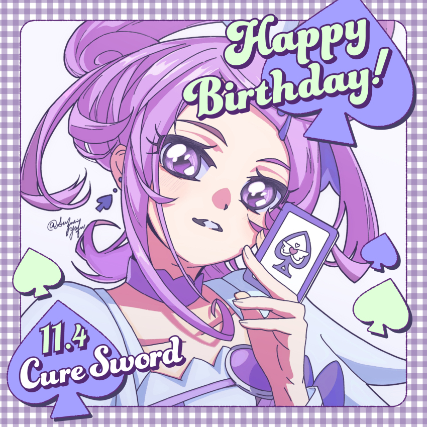 1girl brooch card choker cure_sword dated dokidoki!_precure earrings hair_ornament happy_birthday heart heart_brooch high_ponytail highres holding holding_card jewelry kenzaki_makoto magical_girl poker ponytail precure purple_arm_warmers purple_eyes purple_hair short_hair smile solo spade_(shape) spade_earrings spade_hair_ornament suzumi_yufu