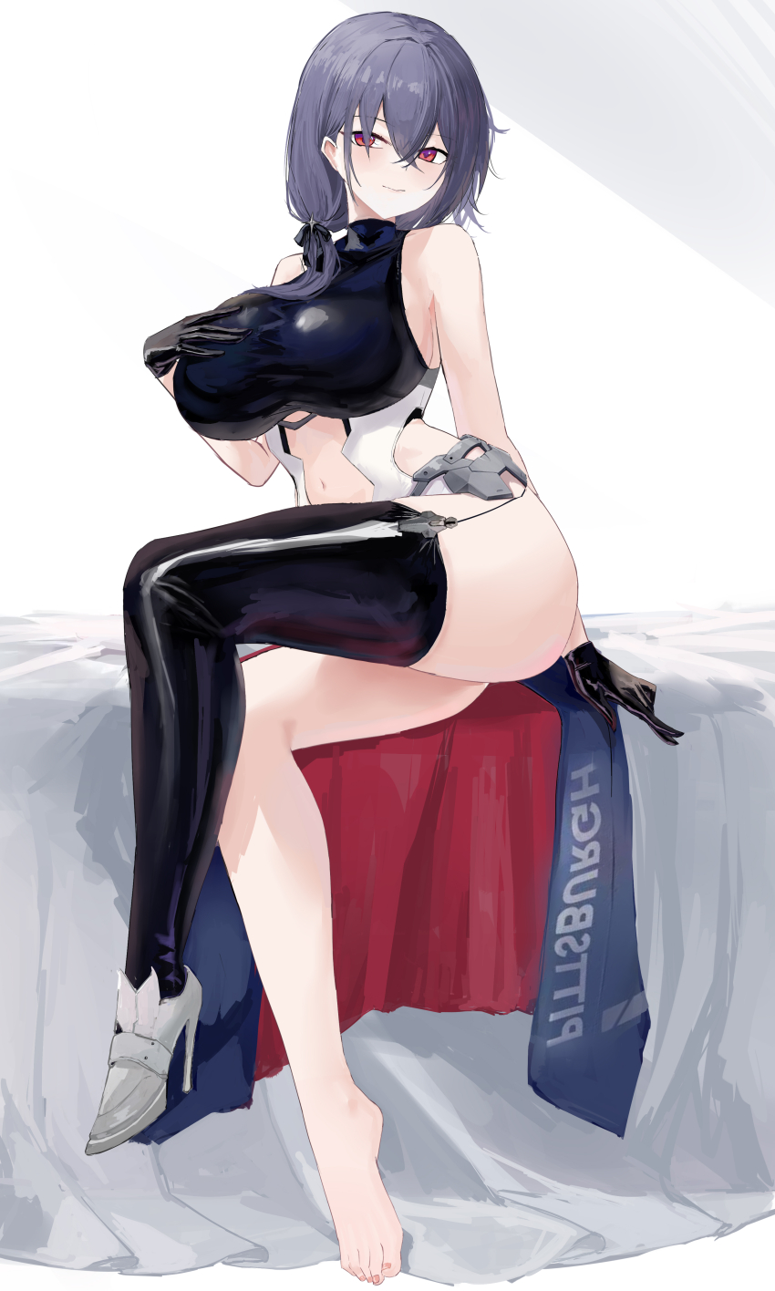 1girl absurdres ankle_boots ass azur_lane bare_shoulders barefoot black_gloves black_leotard black_thighhighs blue_coat boots breasts character_name chinese_commentary closed_mouth clothes_writing clothing_cutout coat commentary crossed_bangs full_body gloves grey_boots grey_hair hair_between_eyes hand_on_own_chest high_heel_boots high_heels highres large_breasts leotard medium_hair mirrored_text multicolored_coat multicolored_leotard navel on_bed pittsburgh_(azur_lane) red_eyes side_cutout sidelocks single_boot single_thighhigh sitting smile solo stomach_cutout suo_bu_ye_feng thighhighs two-tone_coat two-tone_leotard unworn_coat white_leotard