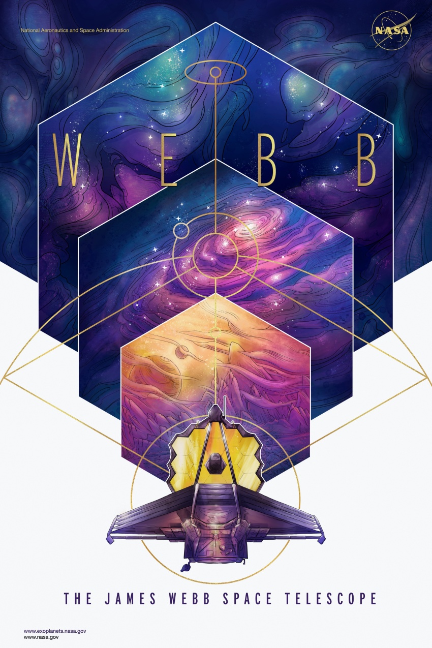 absurdres antennae diagram earth_(planet) galaxy gold hexagon highres james_webb_space_telescope logo milky_way moon nasa_logo nebula orbit planet real_life satellite solar_panel space star_(sky) star_(symbol) telescope time_machine title watermark web_address