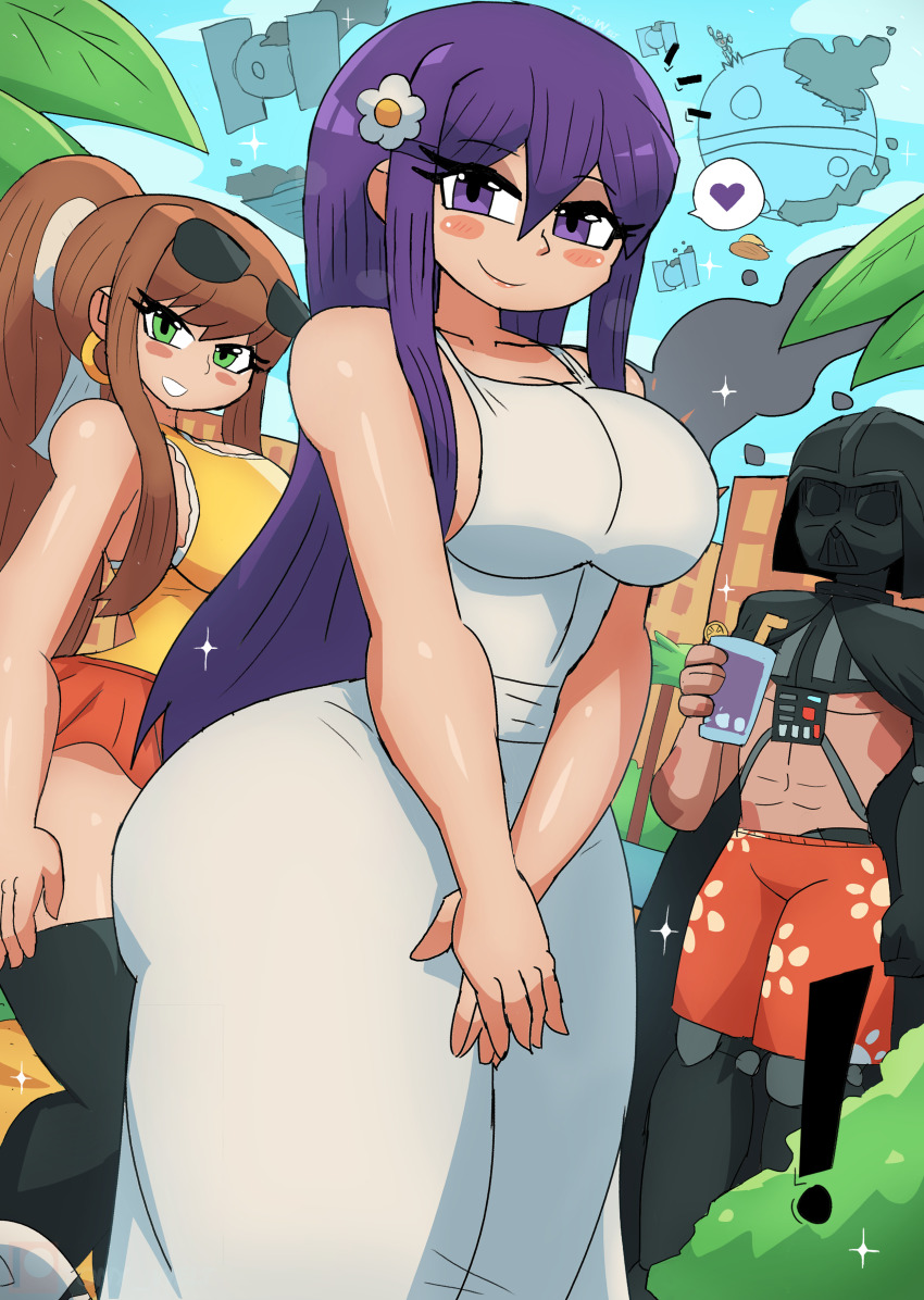 ! 2boys 2girls absurdres beach black_cape black_helmet black_thighhighs blush breasts brown_hair building cape cleavage cloud collarbone crossover cup darth_vader death_star destruction doki_doki_literature_club dress drink drinking_glass drinking_straw earrings eyewear_on_head fire floral_print flower green_eyes grin hair_flower hair_ornament hair_ribbon heart helmet highres holding hoop_earrings iron_giant_(mecha) jewelry large_breasts long_hair looking_at_viewer male_swimwear mecha monika_(doki_doki_literature_club) multiple_boys multiple_girls orange_skirt orange_swim_trunks palm_tree ponytail print_male_swimwear print_swim_trunks prosthesis prosthetic_arm prosthetic_leg purple_eyes purple_hair ribbon robot sand scar shirt sidelocks skirt sky sleeveless sleeveless_dress smile smoke spacecraft sparkle speech_bubble spoken_heart standing star_destroyer star_wars stormtrooper sunglasses sunglasses_on_head swim_trunks tank_top teeth the_iron_giant thick_thighs thighhighs thighs tie_fighter tony_welt tree tropical_drink white_dress white_ribbon wide_hips yellow_shirt yuri_(doki_doki_literature_club)