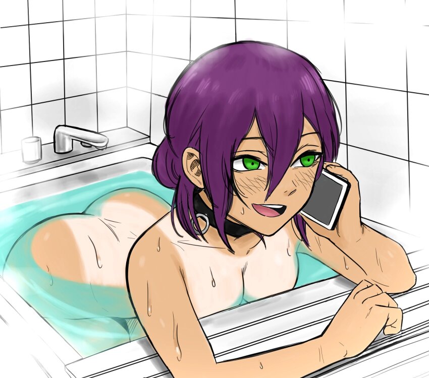 1girl ass bath bathing black_choker breasts cellphone chainsaw_man choker green_eyes hair_between_eyes hashtag-only_commentary highres holding holding_phone one-piece_tan phone purple_hair reze_(chainsaw_man) small_breasts smartphone solo talking_on_phone tan tanline thebabalgam water