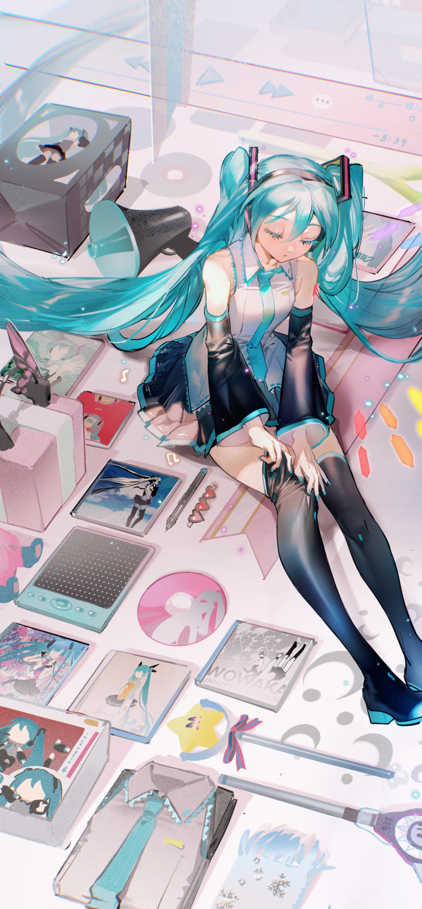 absurdres aqua_hair aqua_necktie bare_shoulders black_boots black_sleeves black_thighhighs boots cd closed_eyes collared_shirt crescent_print detached_sleeves dressing figure hatsune_miku hatsune_miku_(heartbeat) hatsune_miku_no_shoushitsu_(vocaloid) headset heart highres koi_wa_sensou_(vocaloid) long_hair magical_mirai_miku magical_mirai_miku_(2017) magical_mirai_miku_(2022) magnet_(vocaloid) megaphone necktie odds_&amp;_ends_(vocaloid) on_floor pen rolling_girl_(vocaloid) rumoon shirt sitting tell_your_world_(vocaloid) thighhighs twintails vocaloid wand white_shirt