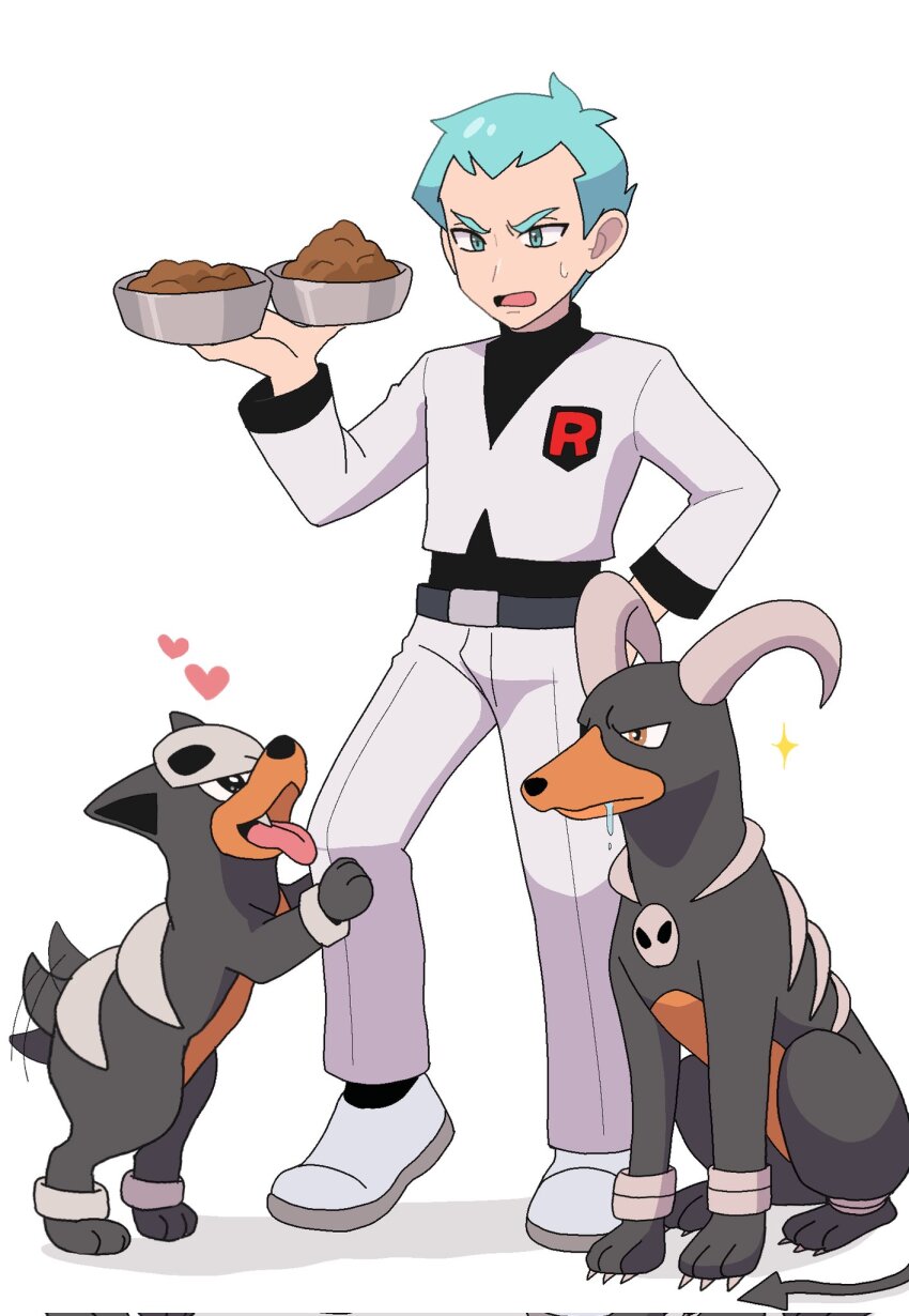 1boy archer_(pokemon) belt belt_buckle black_shirt black_socks bowl buckle commentary_request dog drooling evolutionary_line gen_2_pokemon hand_on_own_hip hand_up heart highres holding houndoom houndour jacket logo long_sleeves male_focus nakikot_t nintendo open_mouth pants pet_bowl pet_food pokemon pokemon_(creature) pokemon_hgss shirt shoes socks sparkle standing sweatdrop team_rocket team_rocket_uniform white_background white_jacket white_pants white_shoes