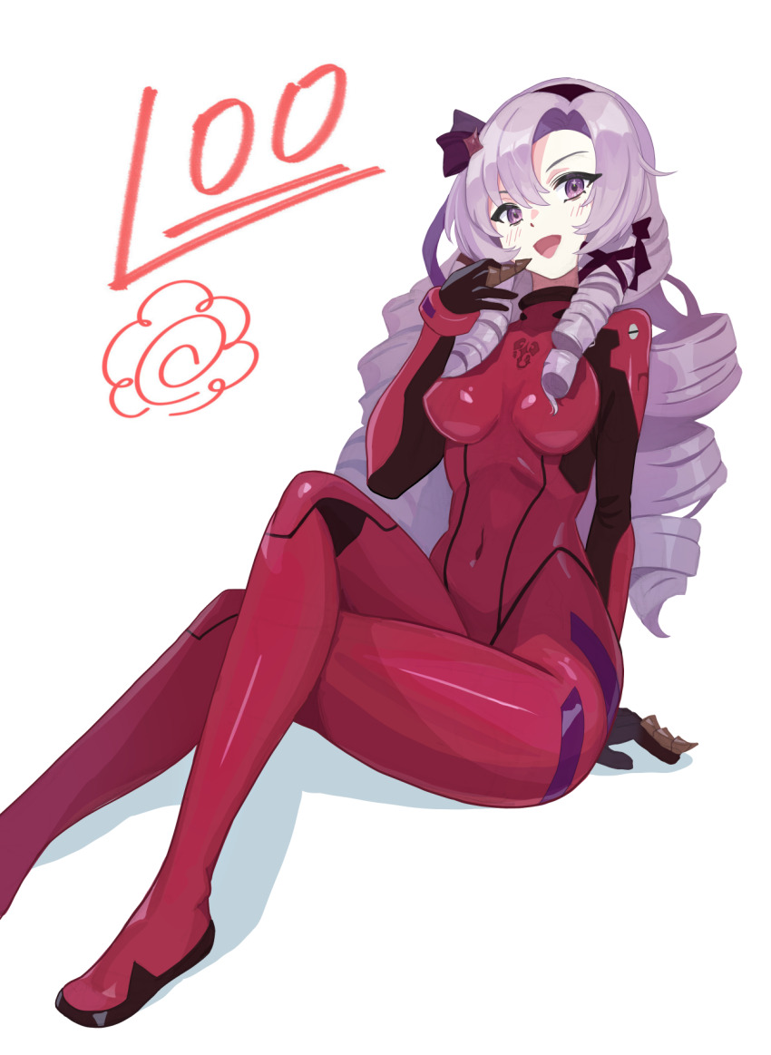 1girl bodysuit breasts covered_navel crossed_legs drill_hair hairband highres hyakumantenbara_salome long_hair looking_at_viewer mecha_pilot_suit medium_breasts nijisanji plugsuit_(evangelion) purple_eyes purple_hair raftetram red_bodysuit shiny_clothes sitting solo