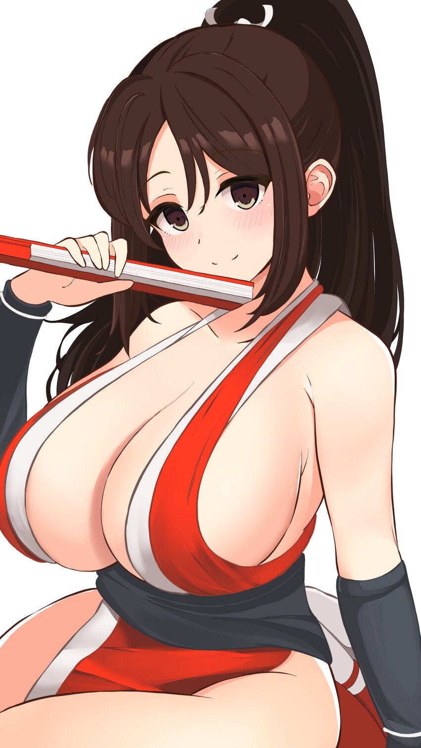 1girl absurdres arm_guards bare_shoulders blush breasts brown_eyes brown_hair cleavage closed_mouth fatal_fury folded_fan folding_fan hand_fan high_ponytail highres holding holding_fan japanese_clothes kocha_(jgug7553) large_breasts long_hair looking_at_viewer ninja pelvic_curtain ponytail revealing_clothes shiranui_mai simple_background smile solo street_fighter street_fighter_6 the_king_of_fighters upper_body wrist_guards