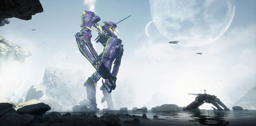 3d absurdres aircraft commentary english_commentary eva_01 fog highres lake machinery mecha mecha_focus moon mountain neon_genesis_evangelion original realistic redesign robot science_fiction smoke spacecraft super_robot water zhangluye