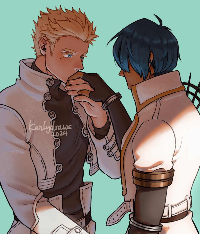 2boys belt_around_waist black_shirt blue_background blue_eyes blue_hair collared_jacket colored_eyelashes cropped_jacket dated elbow_gloves fingerless_gloves gloves highres jacket karlydraws kiss kissing_hand lapels legato_bluesummers long_sleeves looking_at_another male_focus millions_knives multiple_boys pants puffy_short_sleeves puffy_sleeves shirt short_hair short_sleeves shoulder_spikes sidelighting signature simple_background spiked_hair spikes standing trigun trigun_maximum tumblr_username turtleneck turtleneck_shirt upper_body very_short_hair watermark white_pants yaoi