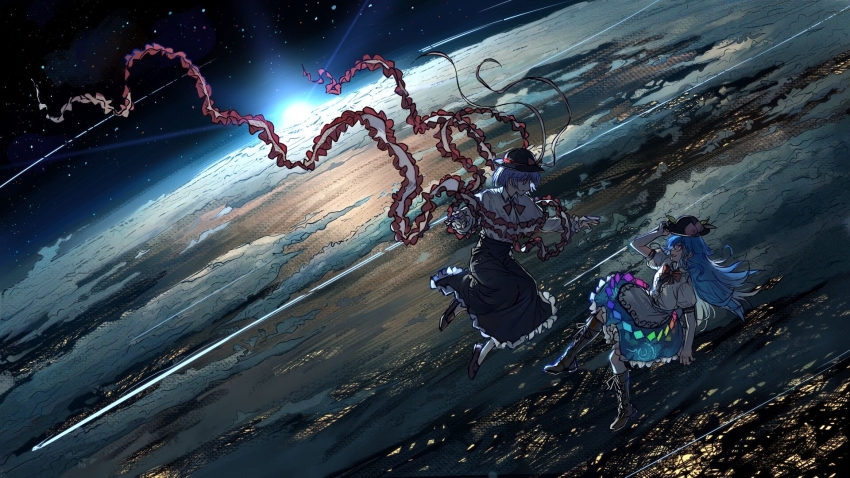 2girls apron black_hat black_shoes black_skirt blue_hair blue_skirt boots brown_boots capelet chinese_commentary cloud commentary_request eye_contact food frilled_capelet frilled_shawl frilled_skirt frills fruit fruit_hat_ornament hagoromo hand_on_headwear hat hat_ornament highres hinanawi_tenshi knee_boots lace-up_boots leaf leaf_hat_ornament long_hair long_skirt looking_at_another multiple_girls nagae_iku peach peach_hat_ornament puffy_short_sleeves puffy_sleeves purple_hair rainbow_order red_eyes second-party_source shawl shirt shoes short_sleeves skirt space star_(sky) touhou very_long_hair waist_apron white_apron white_shirt zsefvgy
